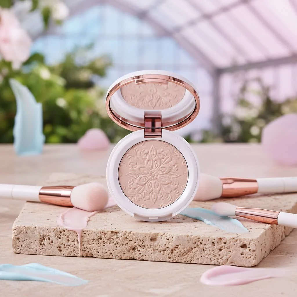 Close-up of a woman applying face powder to her dry skin
