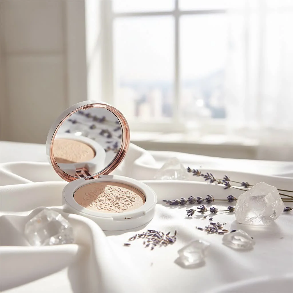Close-up of a woman applying blurring face powder with a brush
