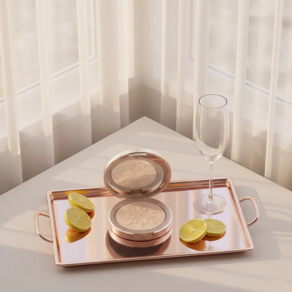 Woman applying face powder to mature skin