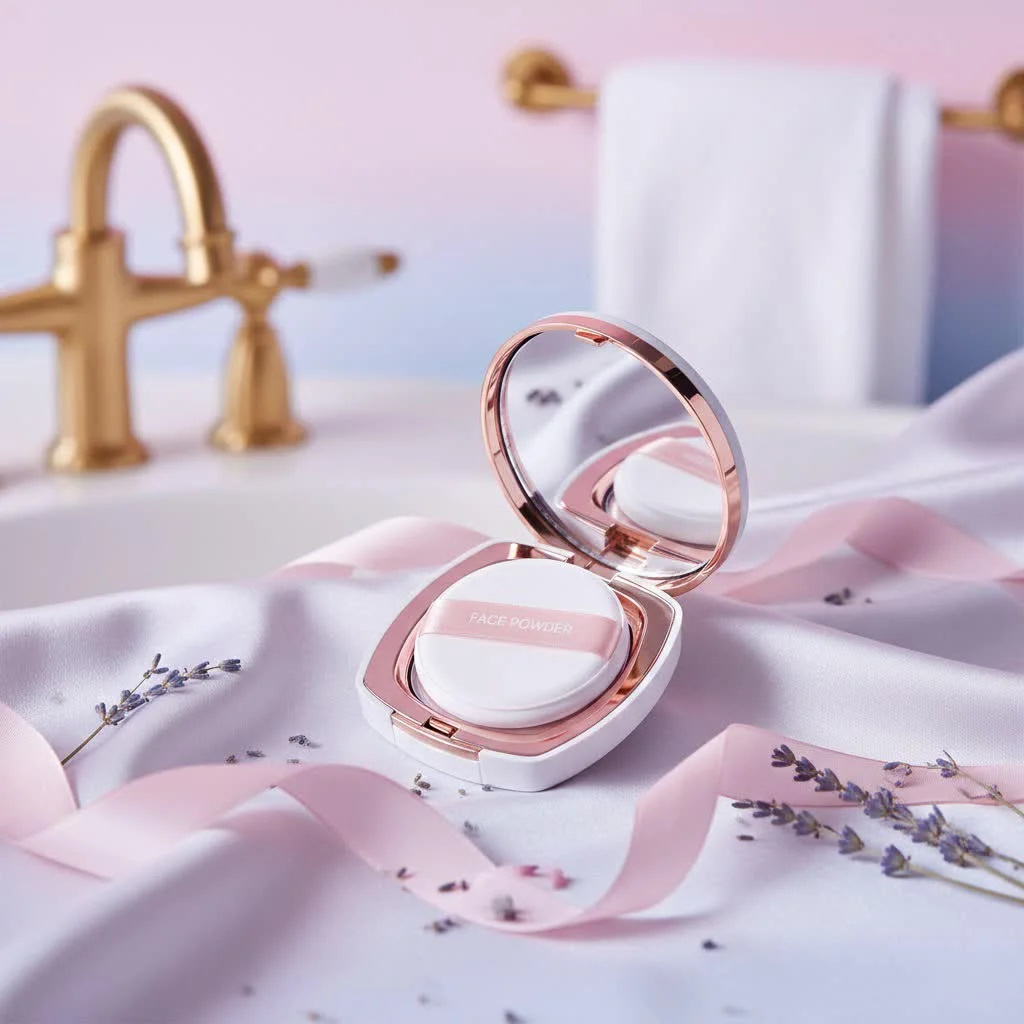 Close-up of a soft, white face powder puff on a clean surface