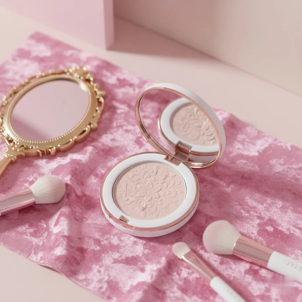 Covergirl face powder compacts and brushes on a vanity